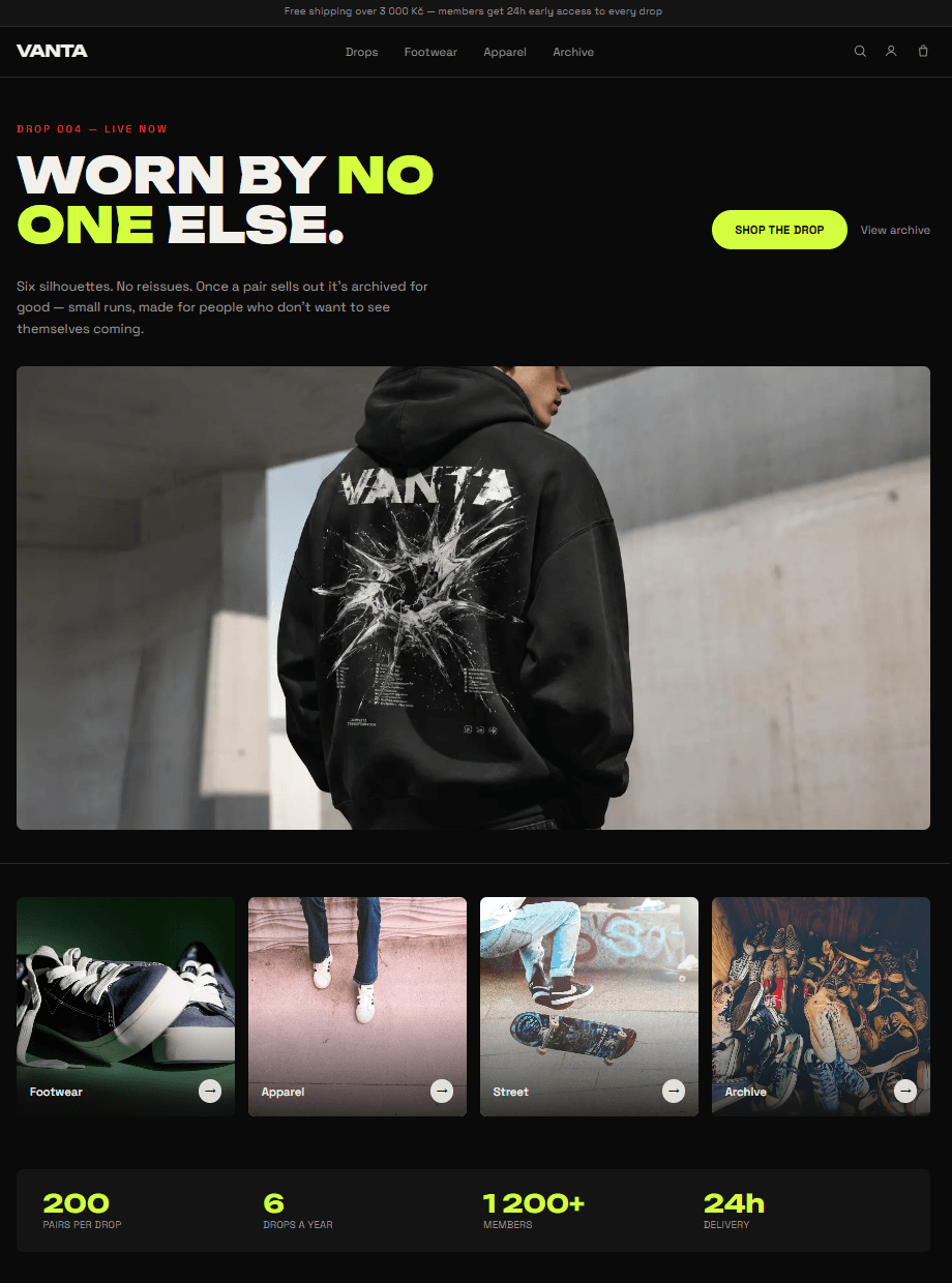 Návrh e-shopu VANTA, Streetwear · limitované dropy